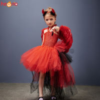 Red Black Devil Bustle Tutu Dress with Horns Wing Girls Halloween Costume Demon Spooky Carnival Purim Fancy Dress Up Clothing