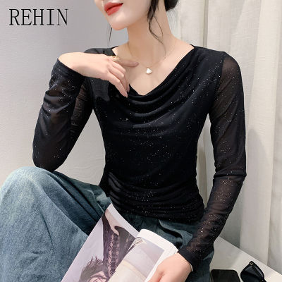 REHIN เสื้อเชิ๊ตผู้หญิง,2023ฤดูใบไม้ร่วงแฟชั่นคอกลมมาใหม่ล่าสุดเข้ารูปแขนยาว