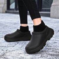 ผู้หญิงฤดูหนาว Clogs ผู้ชายรองเท้าสวนที่อบอุ่น Unisex รองเท้าเชฟกันน้ำกันน้ำมันสำหรับห้องครัวกลางแจ้ง Plush รองเท้า Fuzzy Slippers ~