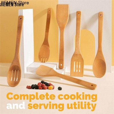 JIEMEN Store Wooden Spoons for Cooking 6-Piece Bamboo Utensil Set Apartment Essentials Wood Spatula Spoon Nonstick Kitchen Utensil Set Premium Quality Housewarming Gifts Wooden Utensils for Everyday Use