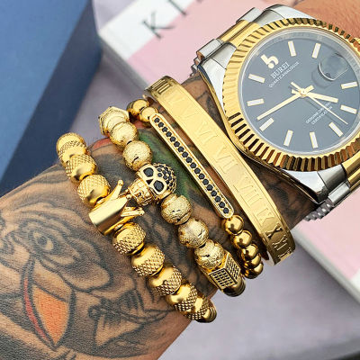 gold bracelet Classical Handmade Braiding Bracelet Gold Hip Hop Men Pave CZ Zircon Skull Roman Numeral Bracelet Luxury Jewelry