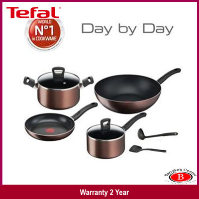 Tefal เซ็ตเครื่องครัว Cookware set 8 ชิ้น Day By Day ก้นอินดักชั่น กระทะก้นแบน + กระทะก้นลึก + หม้อด้ามพร้อมฝา + หม้อ 2 หู ซม