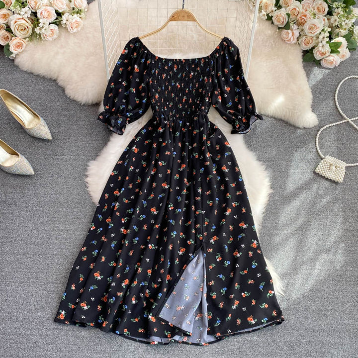 yuoomuoo-2023-new-summer-romantic-floral-print-women-dress-elegant-puff-sleeve-elastic-waist-party-vestidos-vacation-lady-robe