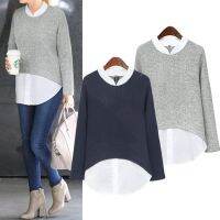 COD dhdfxcz Womens Long Sleeve Plus Size Color-block Fake Two Pieces Paneled Loose Blouse Shirts