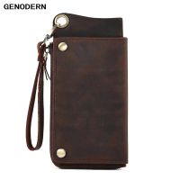 ZZOOI GENODERN Genuine Leather RFID Blocking Long Wallet Vintage Bifold Wallets for Men Card Holder Clutch Phone Purse Male New