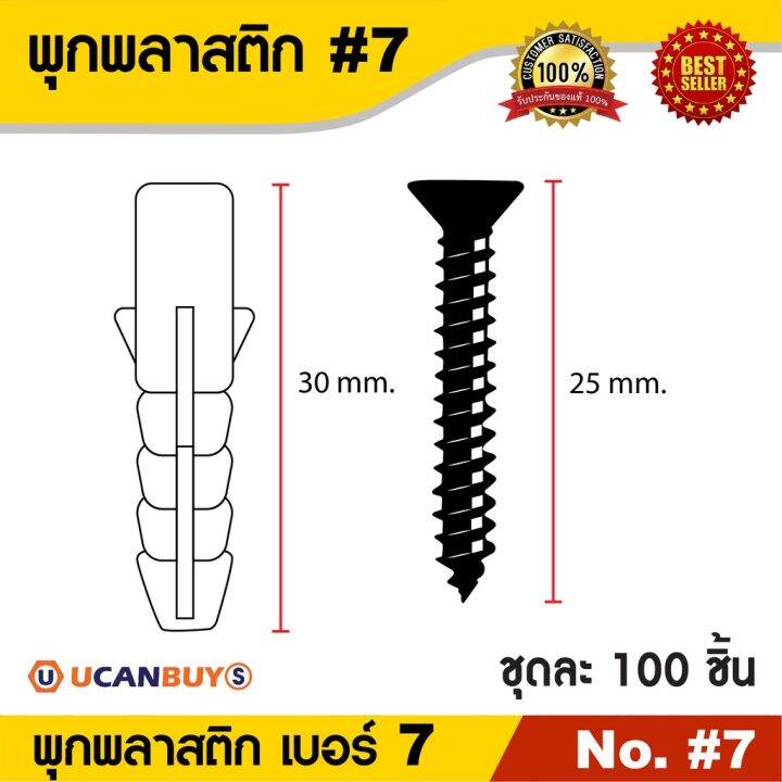 พุกพลาสติก-น๊อตเกลียวปล่อย-เบอร์-7-สินค้าคุณภาพคุ้มราคา-ชุดละ-100-ชิ้น