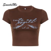 ┇ Sweeticme เสื้อยืดลําลอง คอกลม แขนสั้น พิมพ์ลายตัวอักษร เอวสูง แฟชั่นสําหรับสตรี 2023