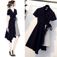 blueberry- Women V Neck Irregular dress Loose Lace Up Temperament Slim dress Black stripe color patchwork Short-sleeved Midi Dress for Party and Casual