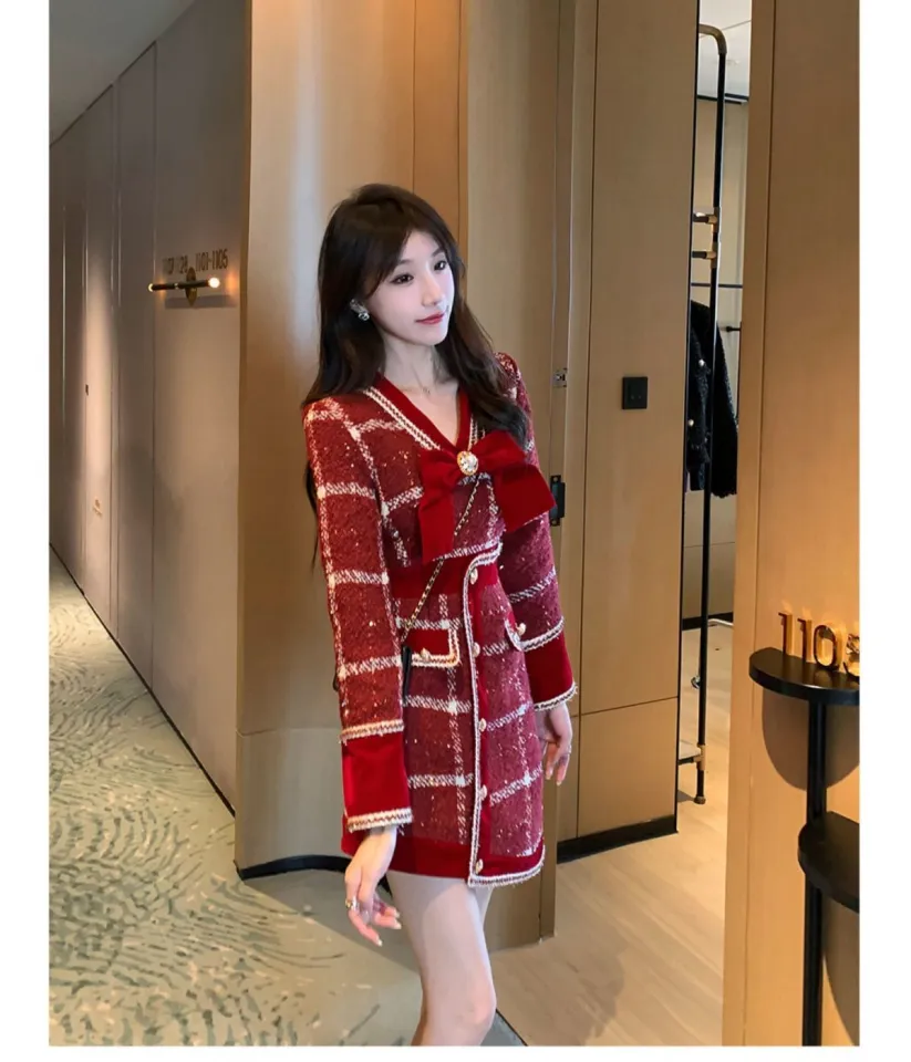 Red Atmosphere Small Fragrance Wind Waist Slimming Dress Autumn and Winter  French High-grade Asymmetrical Dress