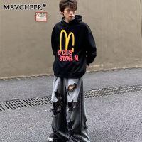 MAYCHEER เสื้อสเวตเตอร์มีฮู้ดเสื้อวินเทจอเมริกัน,เสื้อกีฬาแขนยาวทรงหลวมลำลองคู่