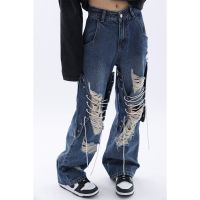 【CW】Blue design sense ripped Y2k jeans womens autumn new Pantalones de Mujer hip hop high waist straight loose show slim trousers