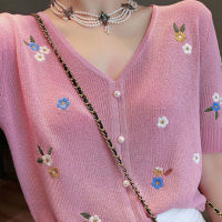 Floral Embroidery Thin Knitted Cardigans Sweaters Summer Women Korean Fashion V-neck Short Sleeve Single-breasted Ice Silk Tops