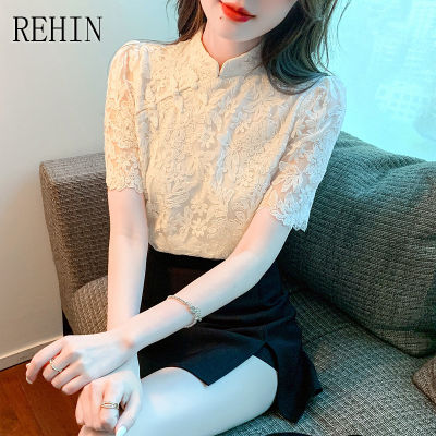 REHIN เสื้อลูกไม้ปักแขนพองฝรั่งเศสสำหรับผู้หญิง,เสื้อลูกไม้ปักลายสไตล์วินเทจสไตล์เกาหลีแบบใหม่ฤดูร้อน