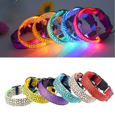 ﹍ Leopard Pattern LED Light Pet Dog Collar For Small Dogs Cat Night Safety Anti Lost Nylon Collar Accesorios Adjustable