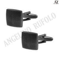 ANGELINO RUFOLO Cufflink(คัฟลิงค์) ดีไซน์ Black Pixel Square กระดุมข้อมือคัฟลิ้งโรเดียมคุณภาพเยี่ยม ตัวเรือนสีดำ