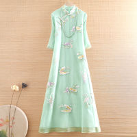 High-end Spring Summer Women Organza Dress Cheongsam Retro Elegant Embroidery 34 Sleeve A-line Lady Party Qipao Dress S-XXL