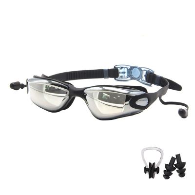 ซิลิโคนสำหรับผู้ใหญ่แว่นตาแว่นตาว่ายน้ำพร้อมที่อุดหูและหูการผลิตคลิปหนีบจมูกหมวกว่ายน้ำสีดำ