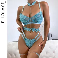 Ellolace แฟนซีชุดชั้นใน Applique ชุดชั้นในสตรีสวยแปลกใหม่ชุด4ชิ้นลูกไม้ Horny Intimate ชุดคู่โซ่