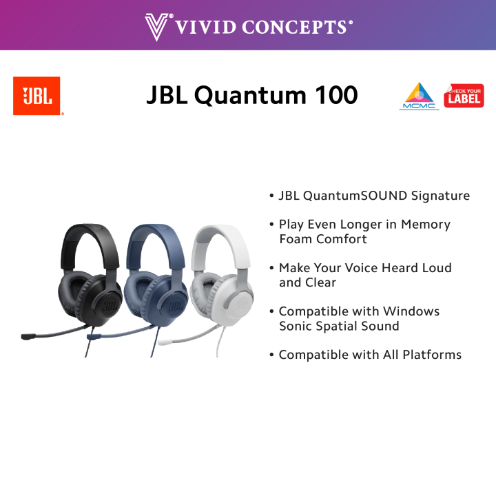 JBL Quantum 100 Wired Over Ear Gaming Headset Flipup Mic Memory
