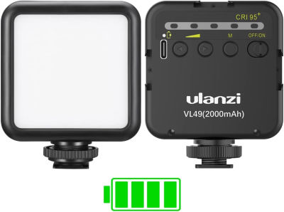 ULANZI VL49 2000mAh LED Video Light w 3 Cold Shoe, Rechargeable Soft Light Panel, Portable Photography Lighting for DJI OSMO Sony DSLR Canon Camera GoPro Vlogging Black