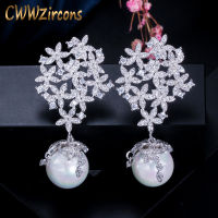 CWWZircons High Quality Cubic Zirconia Long Dangle Drop 925 Sterling Silver Pearl Earrings Jewelry for Women Wedding Party CZ372