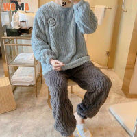 TOP☆WOMA New winter thickened mens pajamas Coral fleece fleece warm couple pajamas pullover round neck mens suit cute style same style for men and women winter loungewear set solid color suit korean style pajamas thick plus size