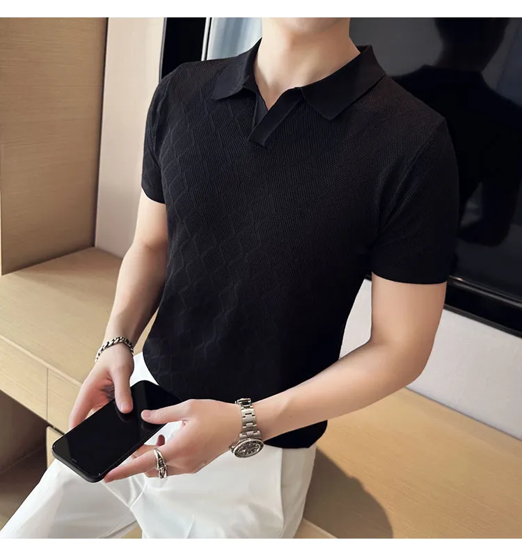 Summer Thin Ice Silk Knitted Polo Shirts Mens Elasticity Mesh Casual T  Shirt Male Short Sleeve O-Neck Slim Fit Breathable Polos