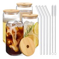 Drinking Glasses with Bamboo Lids and Glass Straw 4Pcs Set - 16Oz Can Shaped Glass Cups,Beer Glasses,Iced Coffee Glasses