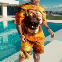 Lion King Men T-shirt Set 3D printed Short Sleeve Blouse Shorts Men Lion T-shirt Set Animal Sportswear Round Neck Summer Suit