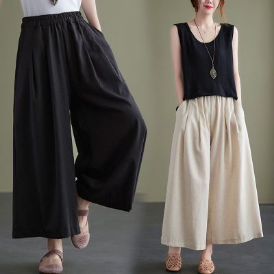 กางเกงขากว้างสำหรับผู้หญิงวรรณกรรมย้อนยุคใหม่ฤดูร้อนสีทึบโชว์301T1645กางเกงเอวสูงสูงเข้ารูป