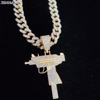 ▤☋ Men Women Hip Hop Iced Out Bling UZI Gun Pendant Necklace with 13mm Miami Cuban Chain HipHop Necklaces Fashion Charm Jewelry