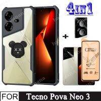 เคสโทรศัพท์กันกระแทก Tecno Pova Neo 3สำหรับ Tecno Pova 5 4 Pro 3 Neo 2 Spark Go 2023 10 7 Pro 10C 8C 4 In 1กระจกเทมเปอร์เซรามิกและที่ยึดหัวหมีและที่ป้องกันเลนส์กล้องถ่ายรูป