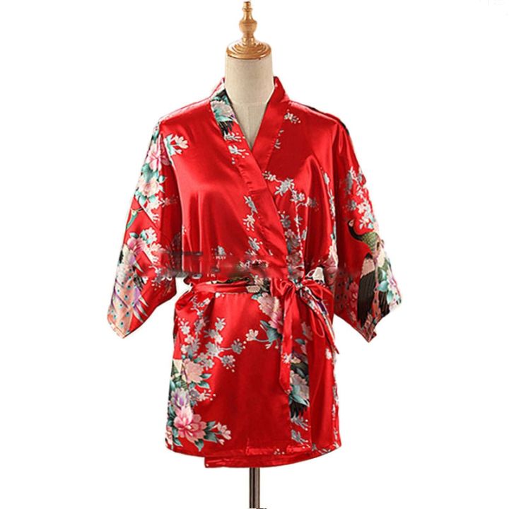 lace-up-woman-peacock-print-japanese-kimono-yukata-silk-satin-short-style-sleepwear-home-nightgown-bath-robe-costume