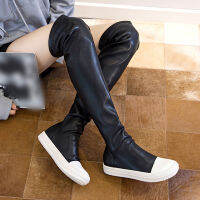 Women Knee High Long Stretch Boots Round Toe Fashion Pleated Leather Black White Stitching Color Velvet Non-Slip Ladies Shoes