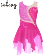 2 Kids Girls Figure Skating Dress Sleeveless Shiny Rhinestone Ice Skating