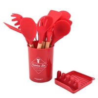 QTCF-Wooden Handle Silicone Kitchenware Cooking Spatula Soup Spoon Brush Scraper Non-stick Pan 12 Piece Storage Bucket Kitchen