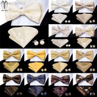 ❂۞ Hi-Tie Beige Champagne Gold Silk Mens Bow Tie Hanky Cufflinks Set Pre-tied Butterfly Knot Bowtie for Male Wedding Business Gift