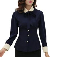 ฤดูใบไม้ร่วงเกาหลี Navy Blue เสื้อสตรีเสื้อแขนยาว Slim เสื้อแฟชั่นสุภาพสตรี Bow เสื้อ Elegant Work Office Tops Blusas