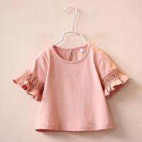 [COD] Girls lace round neck trumpet sleeve short-sleeved T-shirt solid top 2018 summer new Korean