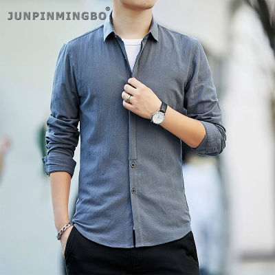 JUNPINMINGBO Hot Sale Plain Pure Color Cotton Slim Fit Breathable Soft Thin Men Casual Long Shirts For Office Working Wear Shirts Men
