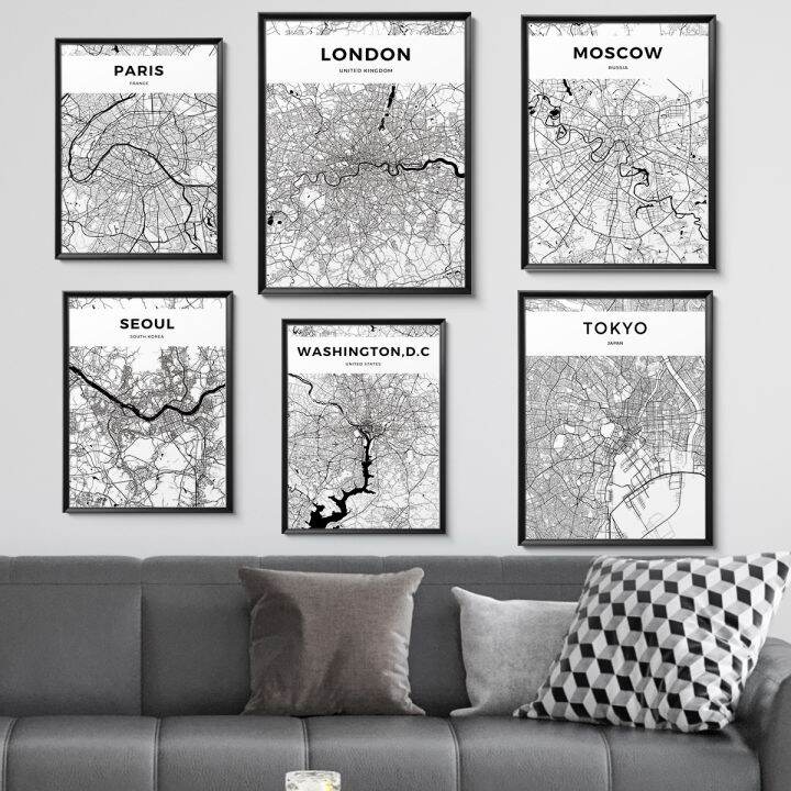 {hot} Modern Black And White World City Map New York Tokyo Wall Art 