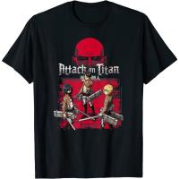 เสื้อยืดโอเวอร์ไซส์เสื้อยืดผ้าฝ้ายพรีเมี่ยม เสื้อยืด พิมพ์ลายตัวละคร Attack on Titan 3 Play พื้นหลังสีแดง สําหรับผู้ใหญ่_09 S-5XL