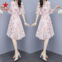 SZWL Women Floral Chiffon Dress V-collar Loose Waist Medium Fashion Dress