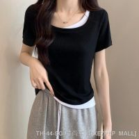 ♗ Contrast color stitching square collar fake two-piece short-sleeved 2023 new summer style high-waisted bottoming black t-shirt tops for women