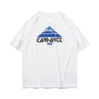 Carhartt เสื้อยืดแขนสั้นผ้าฝ้ายรอบคอหลวมสำหรับคู่รักชายและหญิงพิมพ์ลายภูเขาหิมะแบบคลาสสิก