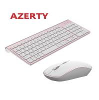 คีย์บอร์ดฝรั่งเศสไร้สาย2400DPI เมาส์2.4Ghz บางเฉียบชุดเมาส์คีย์บอร์ด AZERTY แบบพกพาเงียบตามหลักสรีรศาสตร์-ชมพู/เงิน