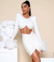 【hot】✗  JUNE LIPS 2022 New  Sleeve Cut Out Feathers Bandage Dresses Evening Dropship Wholesale