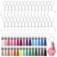 ▧ 120PCS Acrylic Clear Round Disc Keychain Set Blank Leather Tassel Pendant DIY Keychain