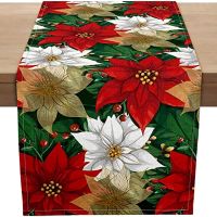 【LZ】℡❖✁  Christmas Poinsettia Christmas Table Runner Linen Table Runner Fake Kitchen Dining Decor for Indoor Outdoor Home Wedding Party