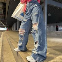 2022 Womens ripped jeans high waist baggy jeans wide leg pants womens jeans Pants high street Y2K Hip Hop jeans blue jeans
